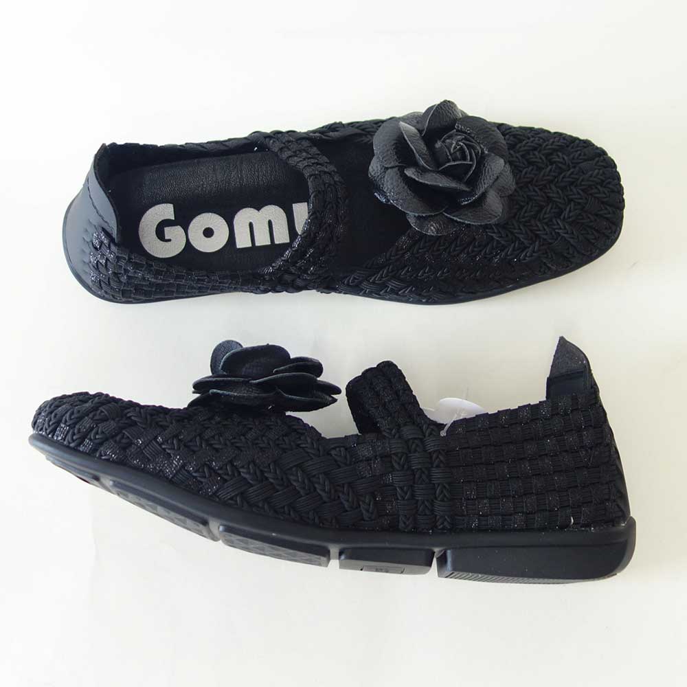 Gomu56ゴムゴム105ブラック（レディース）ゴムメッシュリボンストラップフラットシューズオフィス履き外反母趾水洗いOK「靴」