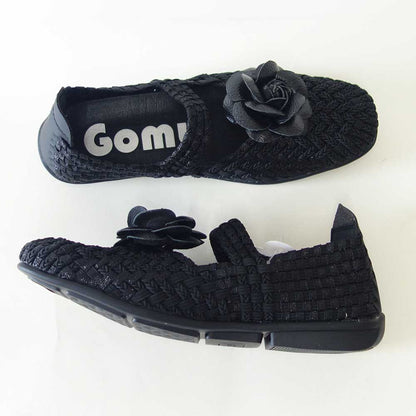 Gomu56ゴムゴム105ブラック（レディース）ゴムメッシュリボンストラップフラットシューズオフィス履き外反母趾水洗いOK「靴」
