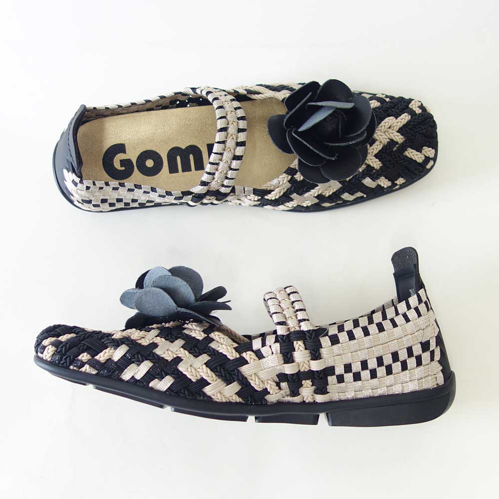 Gomu56ゴムゴム105ブラック／ベージュ（レディース）ゴムメッシュリボンストラップフラットシューズオフィス履き外反母趾水洗いOK「靴」
