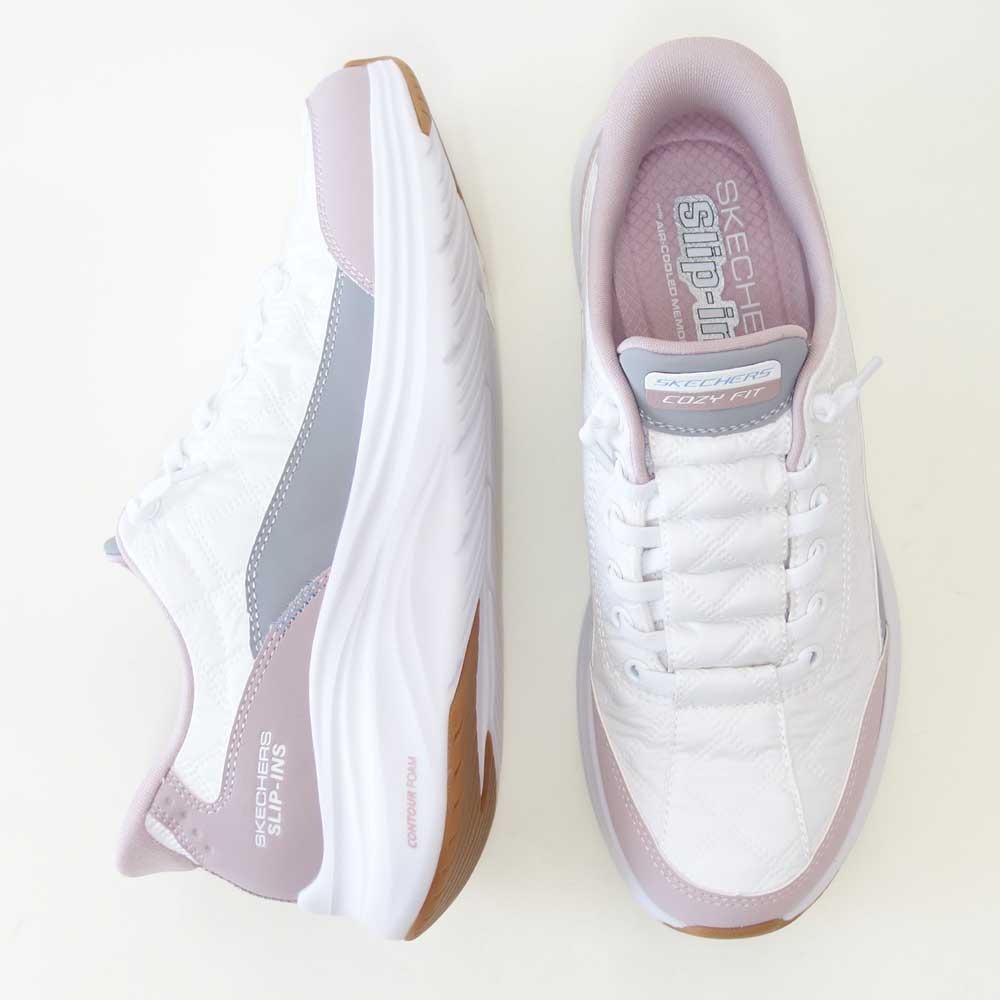スケッチャーズSKECHERSCONTOURFOAMコージーフィット150404WLVホワイト/ラベンダー（レディース）コンツアーフォーム人工繊維ストレッチスリッポンスニーカーレディースハンズフリー洗濯機洗い可能「靴」