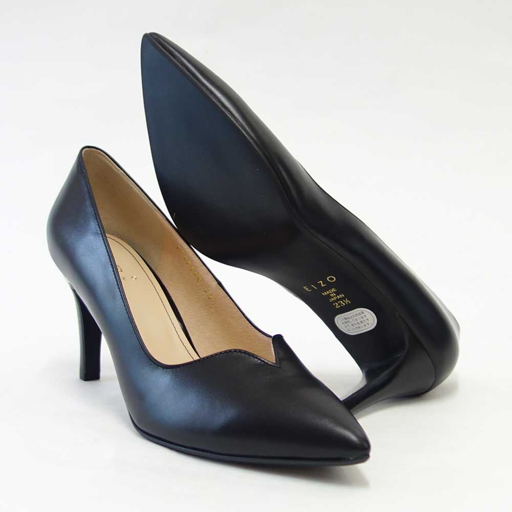 EIZO エイゾー 17156 ブラック／ブラック 上質レザーのスタイリッシュパンプス 7.5cmヒール（日本製） 「靴」
