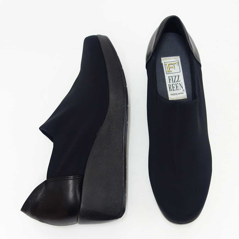 フィズリーンFIZZREEN804ブラック（レディース）ウェッジヒールストレッチ甲深パンプスEEE（日本製）撥水「靴」
