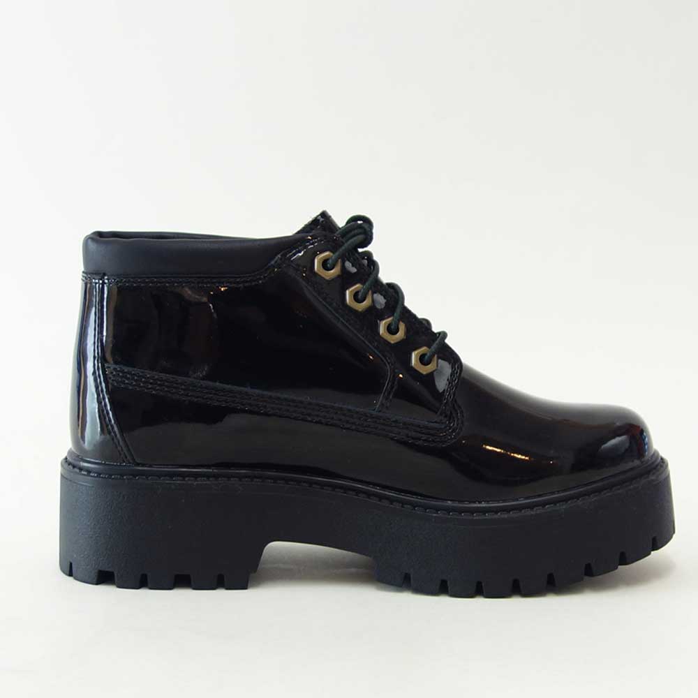 Timberlandティンバーランドa2ha9el6ストーンストリートミッドレースアップウォータープルーフブーツレディース（ブラックパテント）エナメルレザー「靴」