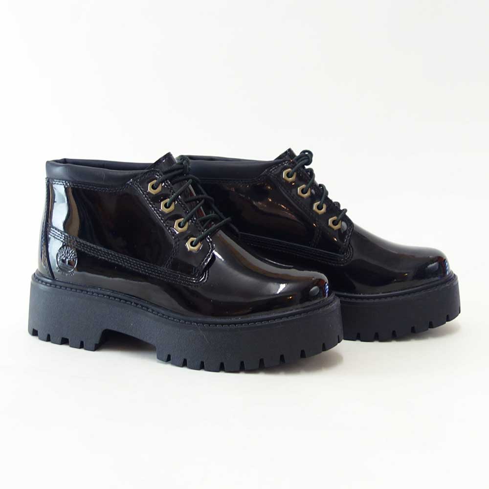 Timberlandティンバーランドa2ha9el6ストーンストリートミッドレースアップウォータープルーフブーツレディース（ブラックパテント）エナメルレザー「靴」