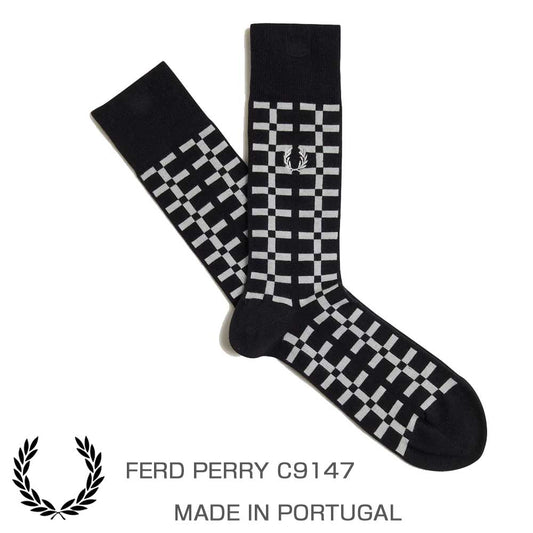 FREDPERRYフレッドペリーGeometricJacquardSocksC9147102BLACKジオメトリック柄ソックス（ポルトガル製）