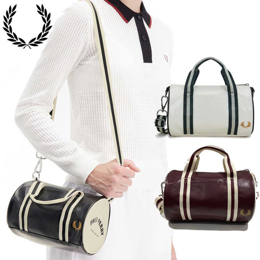 フレッドペリーバッグFREDPERRYClassicMiniBarrelBagL9256(D57:BLACK/ECRU)(R82:OXBLOOD/ECRU)（V11:ECRU/NIGHTGREEN）ショルダーボストンバッグ