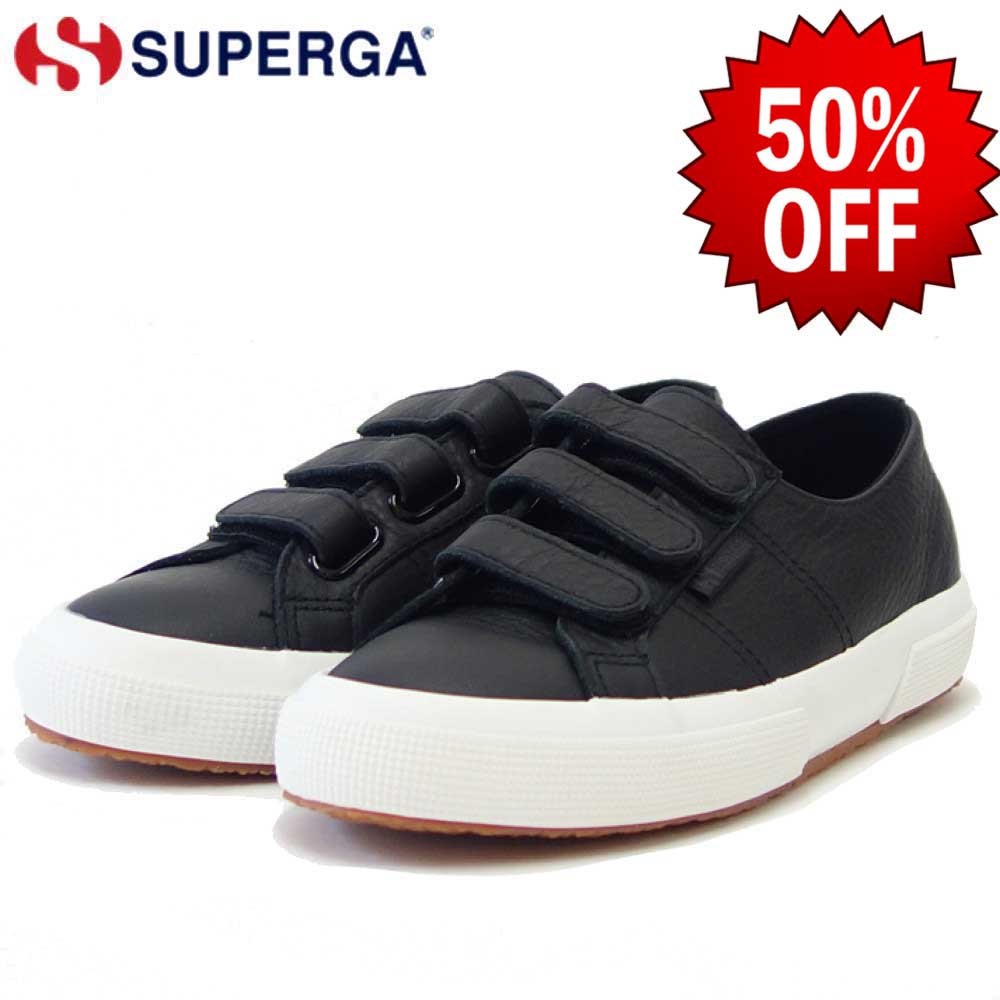 【SALE 50%OFF】 スペルガ SUPERGA 3STRAPS TUMBLED LEATHERU（ユニセックス）ブラック (s111lww005)  風合いの良い天然皮革スニーカー 「靴」