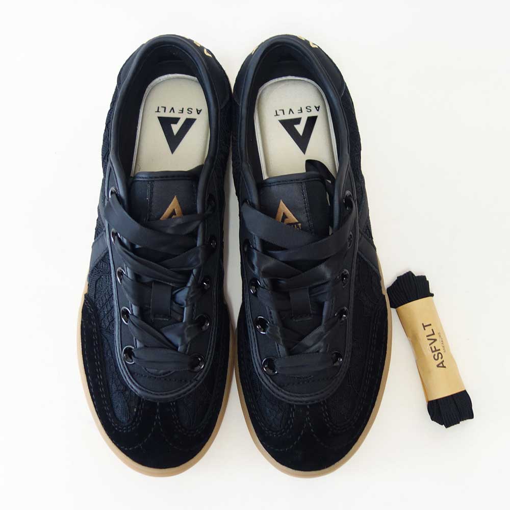 アスファルトASFVLTSWING74（スウィング74）sw7401（レディース）ブラックレース×サテンリボン大人フェミニンスニーカー「靴」