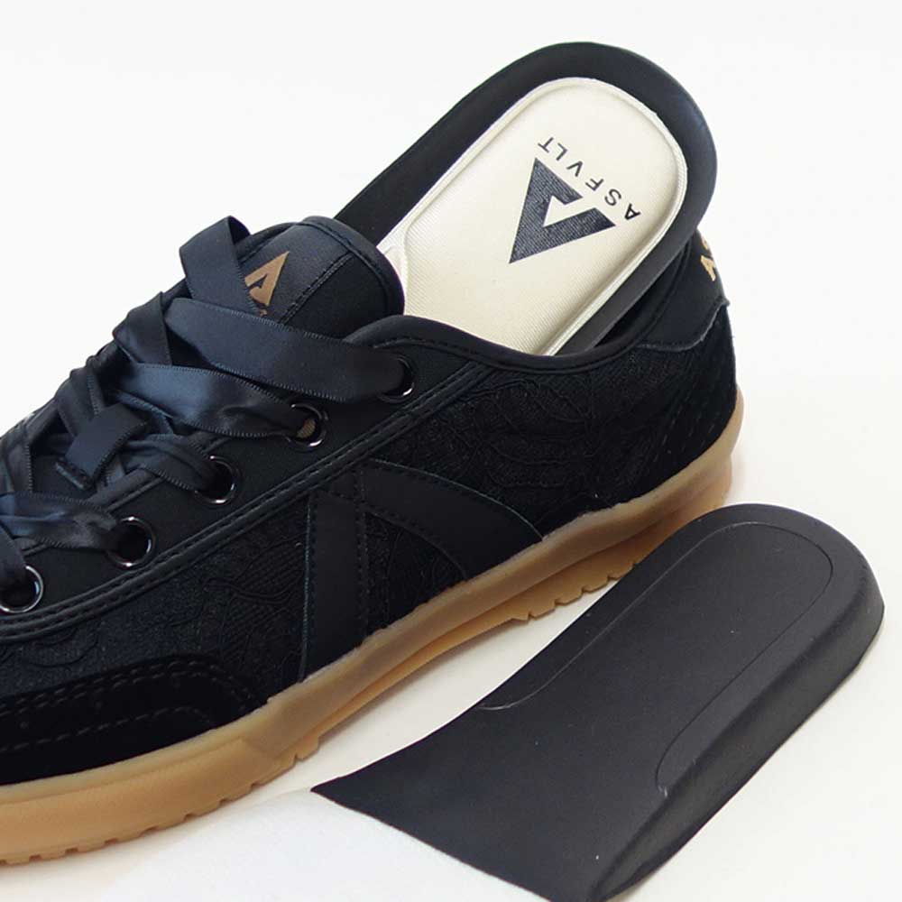 アスファルトASFVLTSWING74（スウィング74）sw7401（レディース）ブラックレース×サテンリボン大人フェミニンスニーカー「靴」