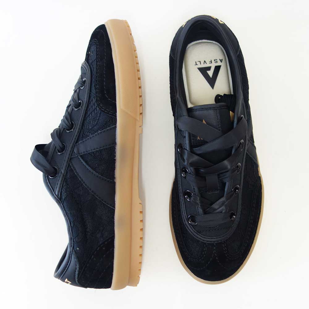 アスファルトASFVLTSWING74（スウィング74）sw7401（レディース）ブラックレース×サテンリボン大人フェミニンスニーカー「靴」