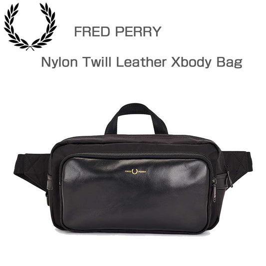 FREDPERRYフレッドペリーNylonTwillLeatherXbodyBagL7280774（BLACK/GOLD）クロスバッグボディバックウェストバッグ